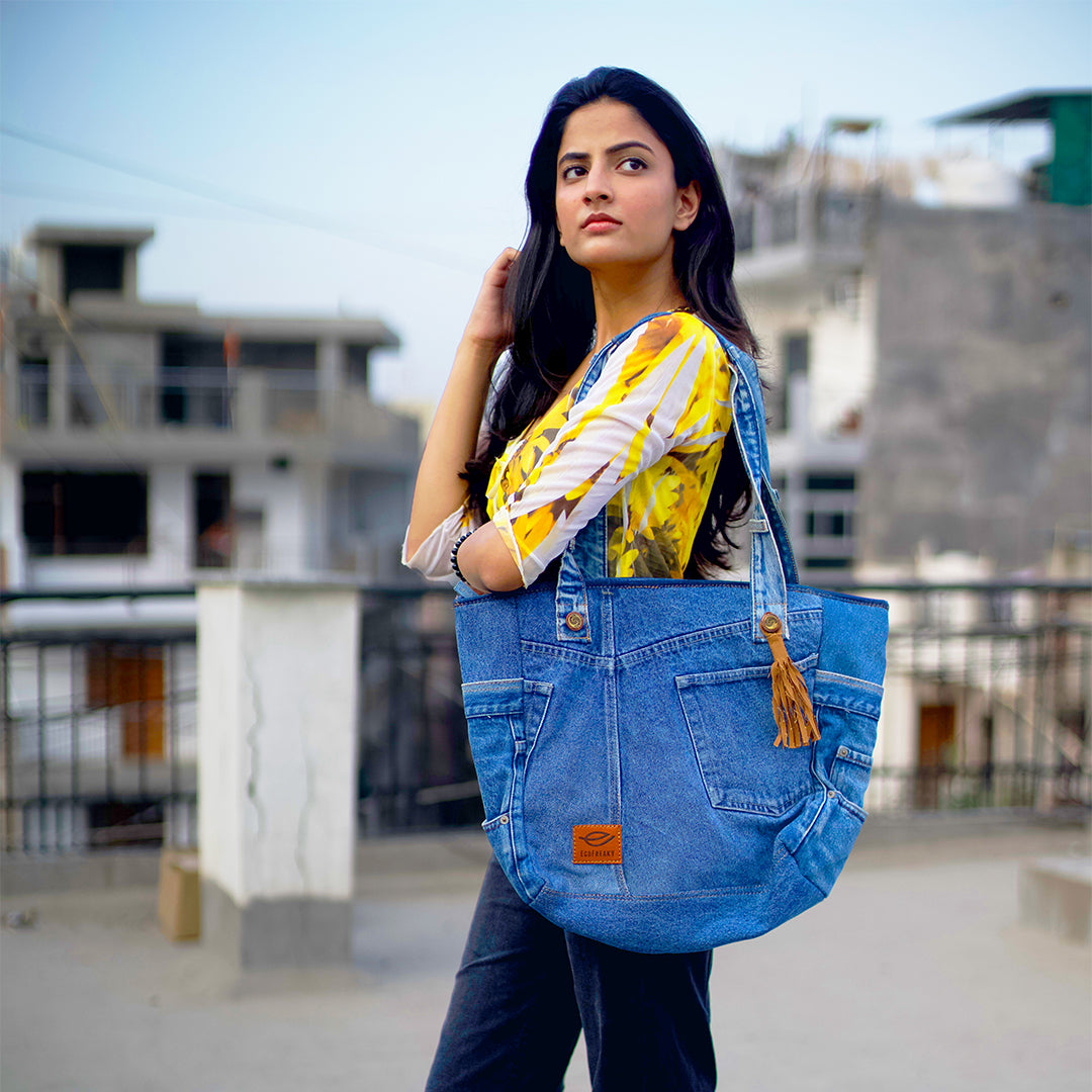 EcoFreaky Upcycled Denim Travel Tote Bag | Vegan Women Tote bag