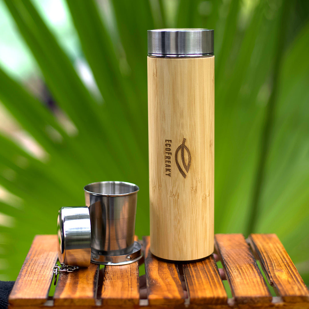 EcoFreaky's Bamboo Bottle | With a Tea Filter & Foldable Steel Glass