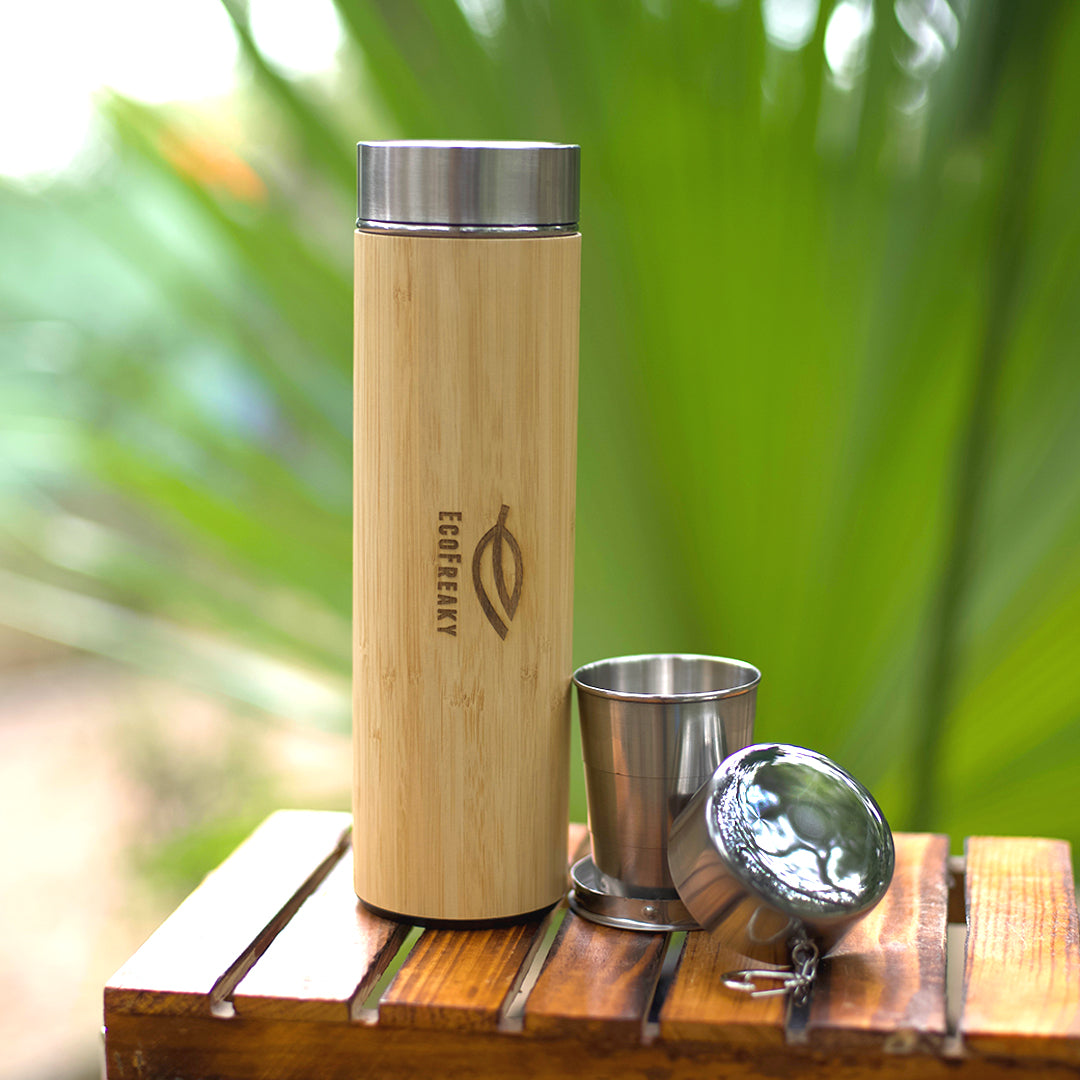 EcoFreaky's Bamboo Bottle | With a Tea Filter & Foldable Steel Glass