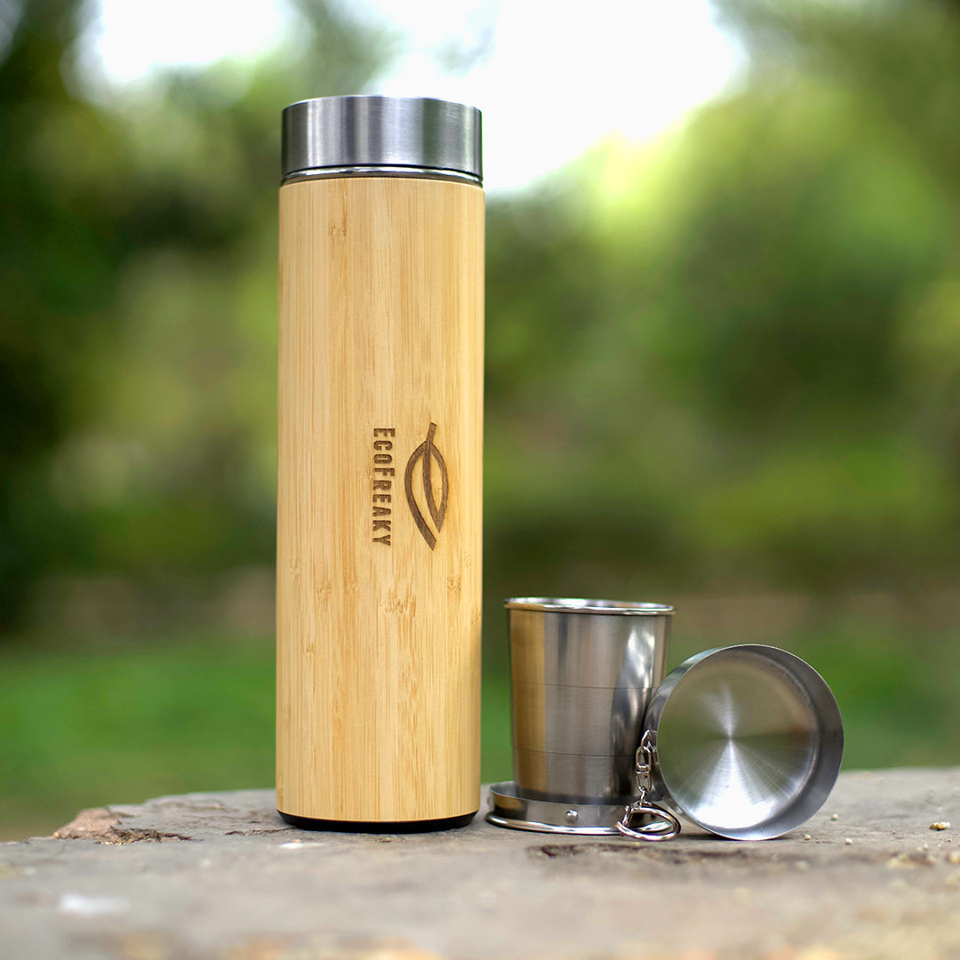 EcoFreaky's Bamboo Bottle | With a Tea Filter & Foldable Steel Glass